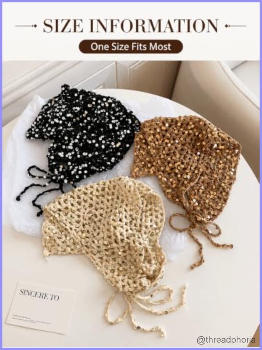 Women's Sequin Crochet Bandana Head Scarf Boho Triangle Hair Wrap Tie Back - Picture 5 of 5